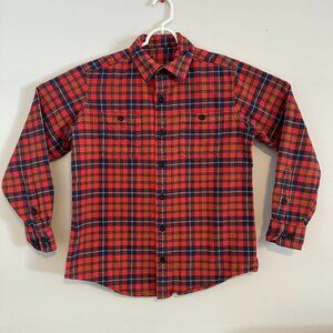 Orvis Casual Button Down Mens Large Red Navy Plaid Rugged Flannel Shacket
